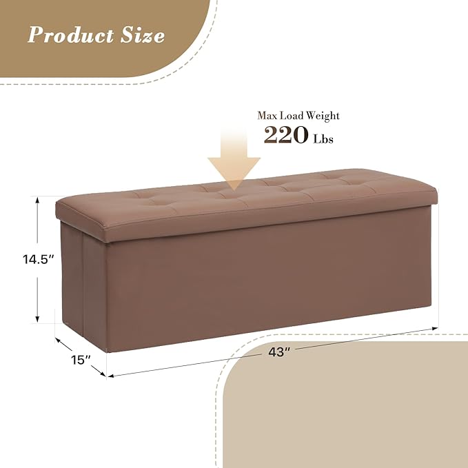 Athena Collection Leather Ottoman Bench with Storage, 43 Inches Large End of Bed Storage Ottoman Bench, 130L Load 220 Lbs Foot Rest for Bedroom, Living Room, Entyway, Brown