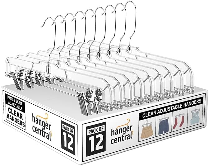 Hanger Central Premium 14 Inch Clear Pants Hangers with Adjustable Clips - 12 Pack Space-Saving Skirt Hangers - Non-Slip Heavy Duty Plastic Closet Organizers with 360° Swivel Hook