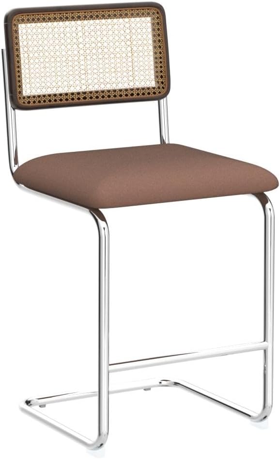 Natural Rattan Counter Height Stools Set of 2 with Solid Wood Back, 24 Inch Mid Century Modern Cesca Bar Stools, Brown Upholstery Boho Stool for Kitchen Counter with Chrome Metal Legs