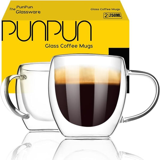 PunPun 8.5oz/250ml Espresso Cups, Double Wall Insulated Glass Cups, Set of 2