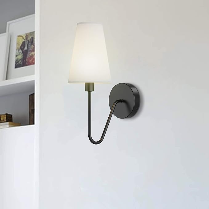 Electro bp;Single Head Classic 1 Light Wall Sconce Lighting Fixture Black with Cream White Linen Fabric Lamp Shades E12 40W Hardwired (Set of 2);