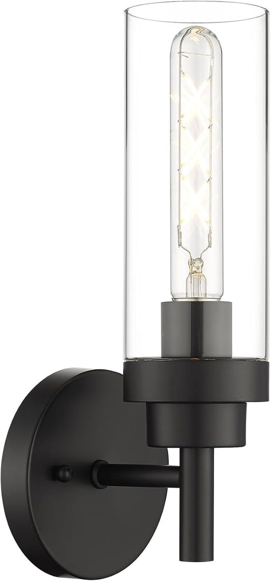 Emak Modern Black Wall Sconce, 1 Light Wall Lights with Clear Glass Shade, Farmhouse Vanity Lights for Bathroom, Mirror, Hallway, Bedroom, WS085-BK