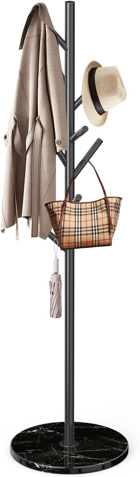 Metal Coat Rack with Natural Marble Base,Modern Coat Rack Stand with 8 Hooks,Sturdy Freestanging Coat Racks for Entryway,Office,Black Coat Jacket Hanger Tree Stand Coats, Scarves