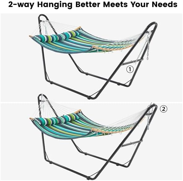Yaheetech Hammock with Stand Set, 2-3 People Heavy Duty Hammock with Frame & Removable Pillow for Outdoor & Indoor, Max.Weight Capacity 475LB - Green Stripe