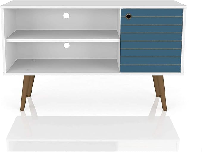 Manhattan Comfort Liberty Mid Century Modern TV Stand for Televisions up to 46 Inches, Bedroom and Living Room Entertainment Center with Storage, Shelves, and Cabinet, 43" Wide, White/Aqua Blue