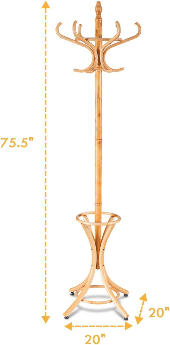 Tangkula 75.5" Standing Coat Rack, Wood Coat Tree with 12 Hooks, Home Hat Jacket Hanger Tree 12 with Umbrella Holder Coat Stand (Oak)