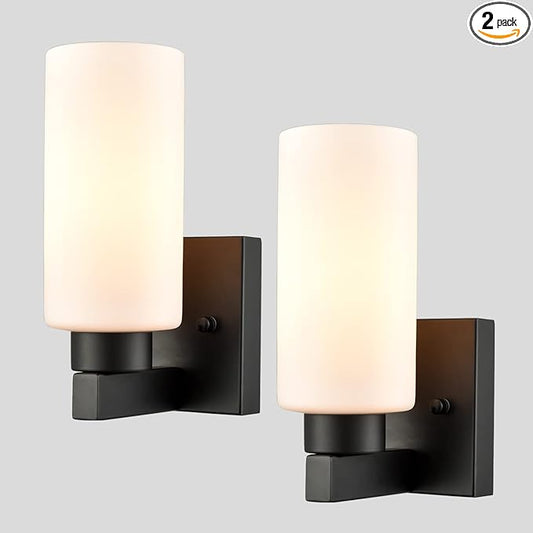 Bathroom Sconces Modern Black Wall Light Fixture Vanity Light Set of Two with Milky White Cylinder Glass Shade