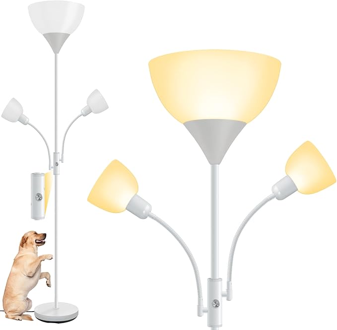 Floor Lamp Torchiere, Standing Lamp, 71" Tall Floor Lamps with Reading Light, 2700K LED Beads, 50,000hrs Lifespan, Rotary Switch, Plastic Lampshade, Bright Torch Lamps for Living Room Bedroom, White