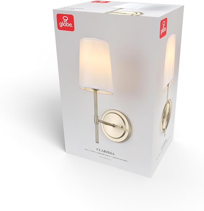 GLOBE Electric 51861 Clarissa 1-Light Wall Sconce, Matte Brass, White Fabric Shade, Bulb Not Included