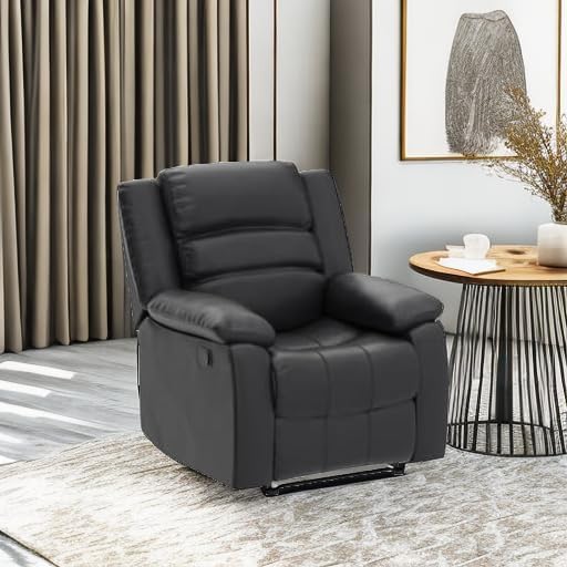 ANJ Black Recliner Chair with Overstuffed Arm and Back, Breathable Faux Leather Manual Reclining Chairs, Living Room Single Sofa Recliners
