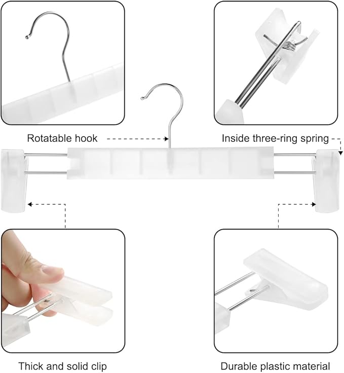Clothes Pants Hangers, Space-Saving Skirt Holders with 360 ° Swivel Hooks, Adjustable Clips, Trouser Hangers, Clothes Coat Garment Jeans Hangers (30 Pack, Transparent)