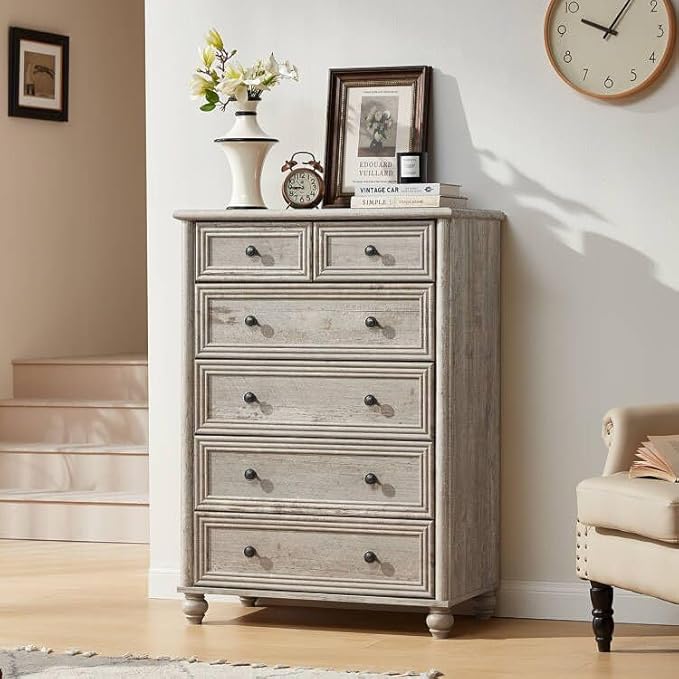 Farmhouse 6 Drawer Dresser Set of 2, Grey Chest of Drawers, 43.5" Tall Dressers for Bedroom with Roman Column and Metal Handles, Rustic Wood Storage Organizer for Living Room, Hallway, Closet