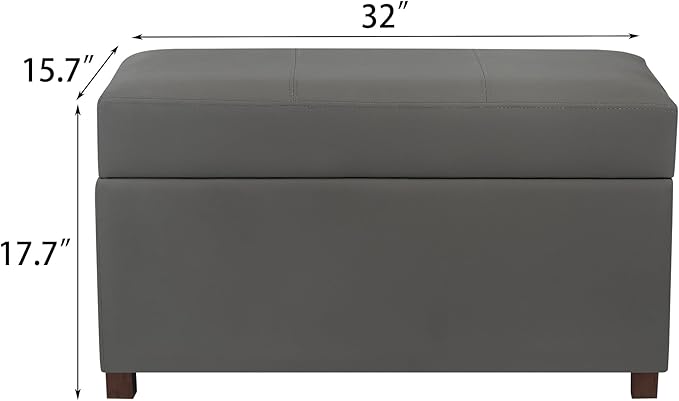Asense Storage Ottoman Bench –32 Inch Stylish Compact Design with Storage, Extra Seating & Modern Leather Appeal for Living Room, Bedroom, Entryway， Slate Gray