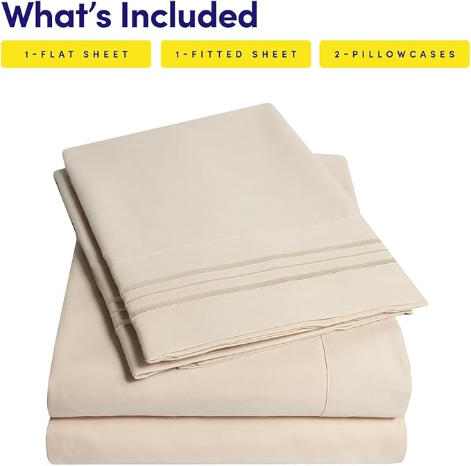Supreme Collection Twin Sheet Set - 3 Piece Set, Beige Cream, Extra Soft, Elastic Corner Straps, Deep Pocket Sheets