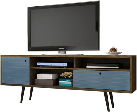 Manhattan Comfort Liberty Mid Century Modern TV Stand for Televisions up to 65 Inches, Bedroom and Living Room Entertainment Center with Storage, Shelves, and Cabinet, 71" Wide, Rustic Brown/Aqua