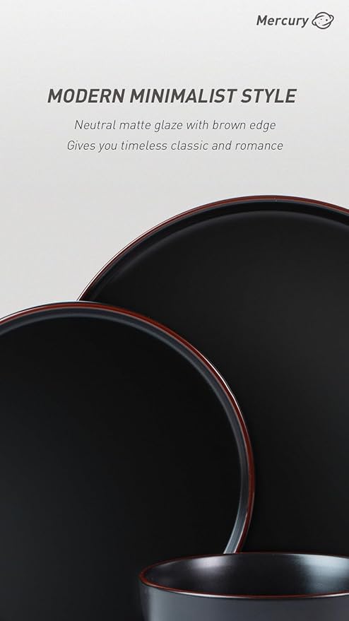 Famiware Mercury Plates and Bowls Sets, 12 Pieces Stoneware Dinnerware Sets, Dishes Set for 4, Microwave and Dishwasher Safe, Black