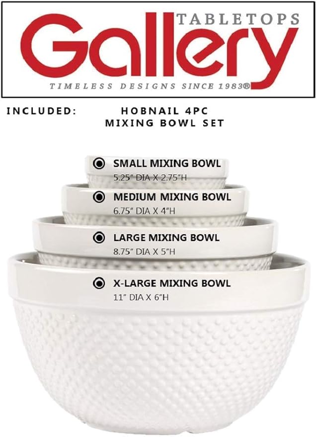 TTU Tabletops Gallery Hobnail Style 4 Piece Classic White Stoneware Nesting Mixing Bowl Set for Baking and Cooking