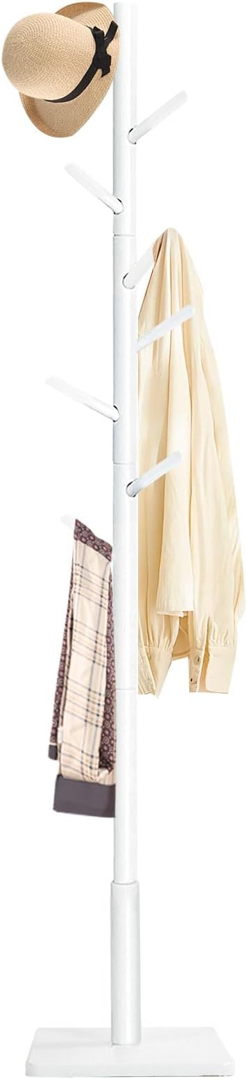 Coat Rack Freestanding with Stable Square Base for Cloathes, Hat, Used in Bedroom, Office and Entryway, Sturdy and Easy Assembly Coat Tree with 3 Adjustable Sizes and 8 Hooks, White