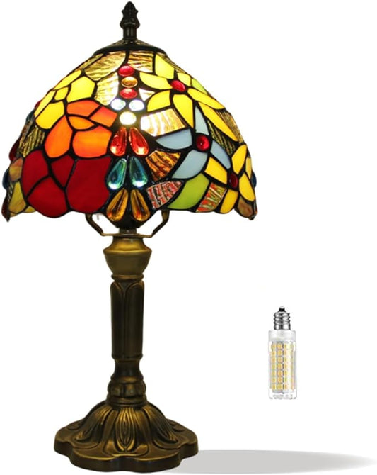 Vintage Tiffany Table Lamp Red Yellow Rose Stone Drop Decor 8" Shade Small Retro 14.6" Tall Bedroom Nightstand Bedside Desk Light Flower Pattern