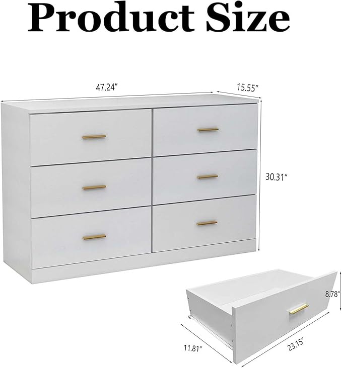 6 Drawer Dresser, Wide Chest of Drawers Organizer Storage with Drawers, Large White Storage Tower Unit, Modern Minimalist Closet Store Organizer for Bedroom or Living Room, Anti-Tipping Device (White)