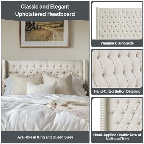 Madison Park Amelia Upholstered Headboard | Nail Head Trim Wingback Button Tufted | Queen, Cream