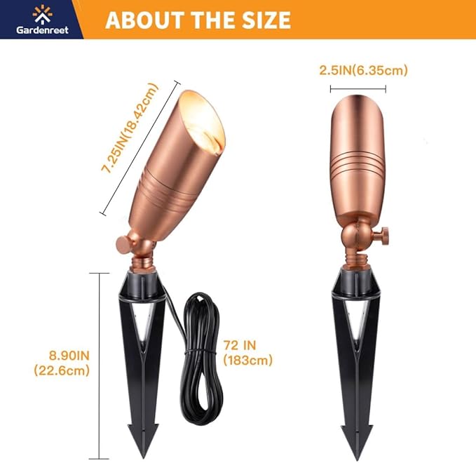 Low Voltage Spot Lights - Solid Brass Landscape Spotlight Wired, 12V Outdoor LED Uplights, Waterproof Electric Copper Adjustable Focus for Patio Wall Without MR16 Bulb (6 Pack)