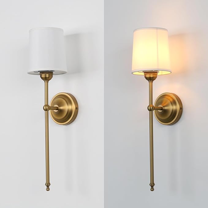 Antique Finish Sconce Wall Lighting Fixture with White Fabric Shade, E26 Hardwired Indoor 1-Light Wall Mounted Lamp for Living Room Bedside Nightstand Light Vanity Bathroom