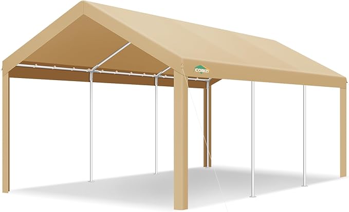 COBIZI Carport Canopy 12x20 Heavy Duty Car Tent Garage, Galvanized Frame Car Canopy Outdoor Shelter Waterproof & UV Protected with Built-in Sandbags & All-Season Tarp for Car Boat Truck, Khaki