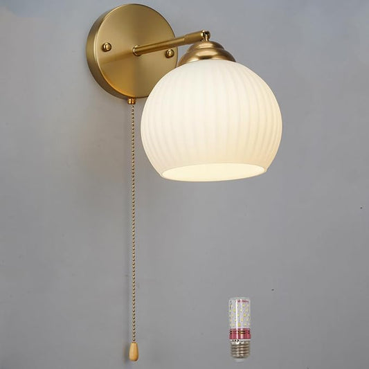Gold Wall Sconce, mid Century Modern Sconce with Hand Pull Switch Indoor Wall Sconce for Bedroom Bedside Bathroom Kitchen Vanity Hallway Wall Mounted Light Fixture