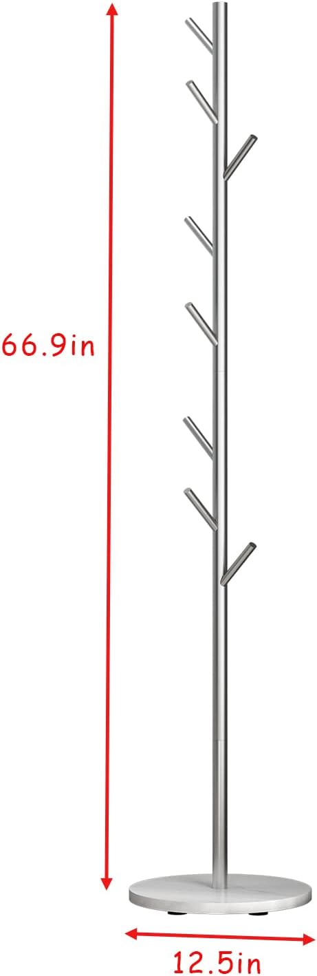 Silver Coat Racks, Metal Coat Rack Freestanding with Hooks, Entryway Coat Rack Stand, Coat Racks with Marble Base, Coat Tree for Hanging Clothes, Hats, Bags