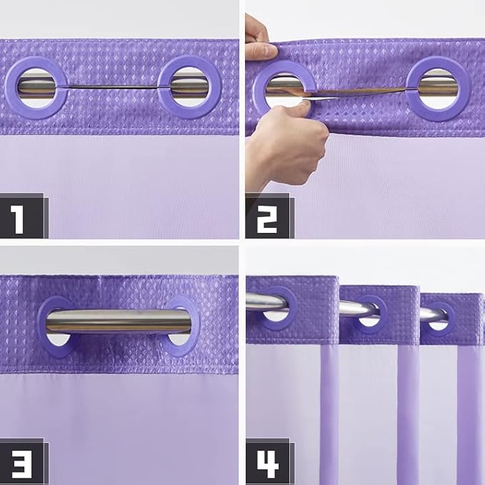 Furlinic Stall Shower Curtain No Hook with Snap in Liner,Waffle Weave Waterproof Bathroom Curtains with See Through Top Window & Weighted Magnets,Purple,54x80 Inch