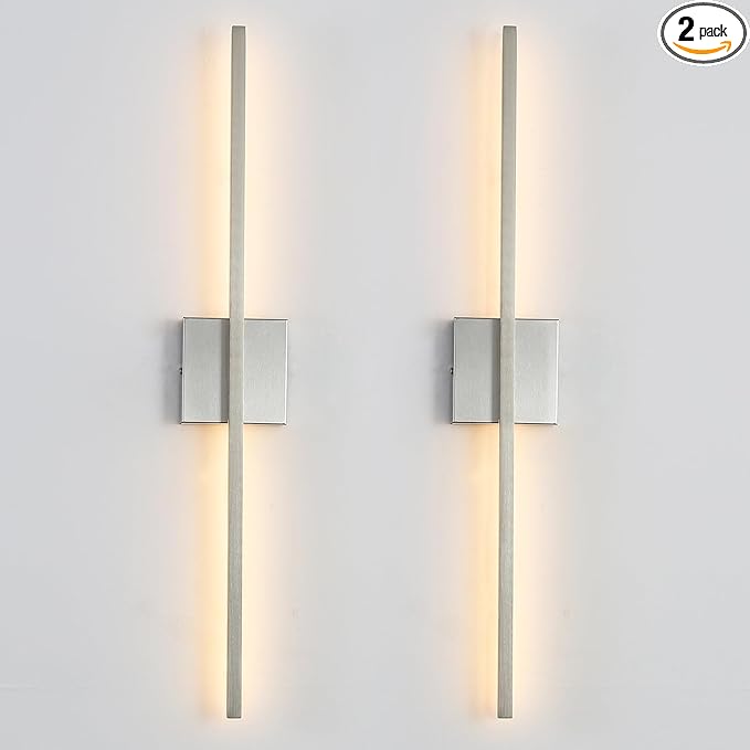 Wall Sconces Set of Two, LED Dimmable Sconces Wall Lighting, Brushed Nickel Modern Wall Sconce Light for Bathroom, Living Room, Bedroom, Hardwired 3000K 28''(2Pack)