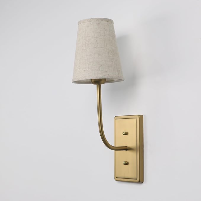 Farmhouse Brass Wall Sconce 1-Light, Linen Fabric Shade Wall Lamp Hardwired Indoor Wall Light for Bedroom Living Room Vanity Bathroom (Linen Cloth 2-Pack)