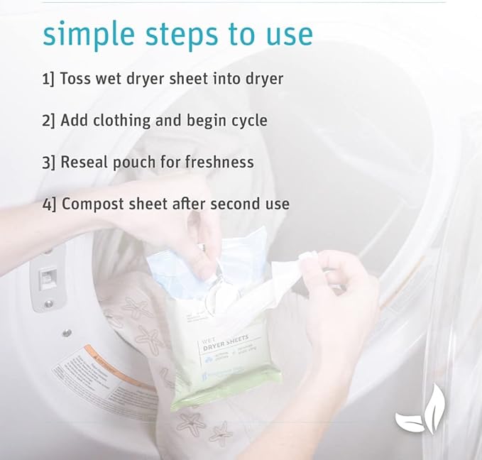 Grab Green Wet Dryer Sheets, 96 Count, Fragrance Free, Plant Based, Softens Fabrics, Reduces Static Cling and Wrinkles