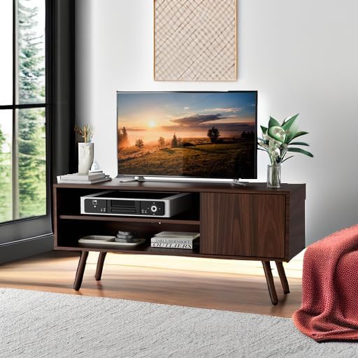 Cozy Castle TV Stand for 48 Inch TV, Mid Century Modern Entertainment Center with Storage Cabinet, TV Media Console for Living Room, Bedroom, Dark Brown
