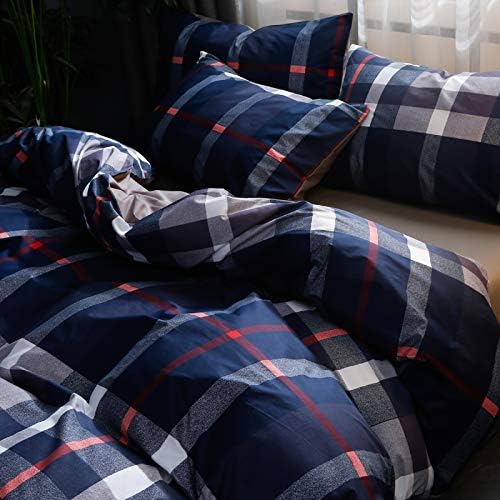 CLOTHKNOW Blue Plaid King Size Comforter Set 3Pcs Tartan Bedding Comforter Sets Soft Blue White Grey Red Comforter with 2 x Pillow Cases