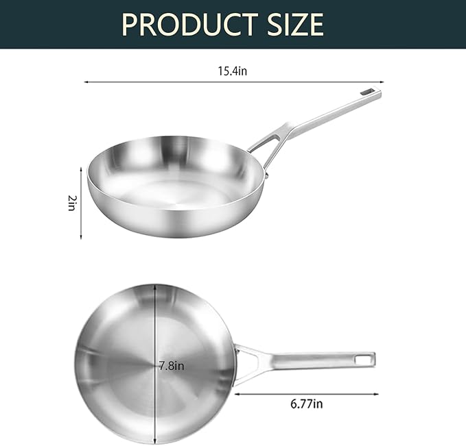 Tri-Ply Fully Bonded Stainless Steel 8inch Frying Pan, Omelette Pans, Egg Pan Durable Chef's Pan, Kitchen Skillets 8in, Induction Pan for Steak,Egg, Compatible with All Cooktops, Up to 600℉