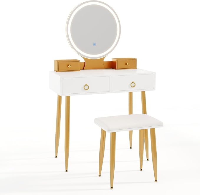 CHARMAID Vanity Desk with Mirror and Lights, Makeup Vanity with 4 Storage Drawers, 3 Lighting Modes, Adjustable Brightness, Modern Vanity Dressing Table with Stool for Bedroom, White & Gold