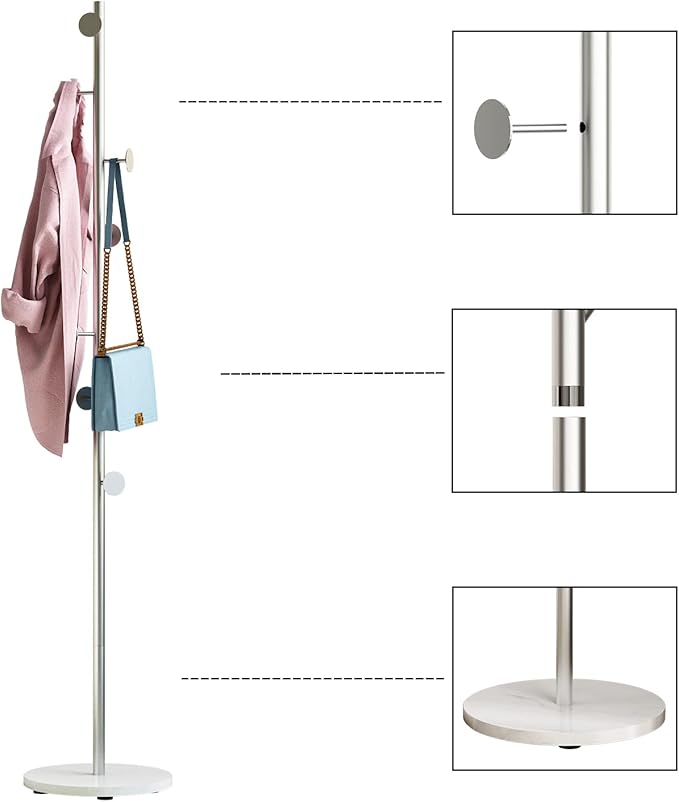 Silver Coat Racks, Metal Coat Rack Freestanding with Hooks, Entryway Coat Rack Stand, Coat Racks with Marble Base, Coat Tree for Hanging Clothes, Hats, Bags