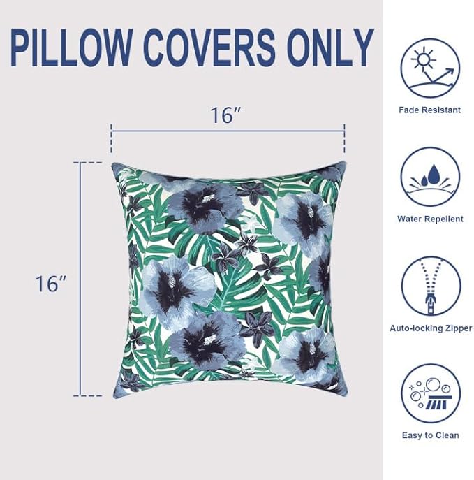 Outdoor Throw Pillows 16x16 Inch, Water Repellent Patio Pillows with Inners Set of 2, Outdoor Pillows for Patio Furniture Home Garden, Blue Salmone Tropical