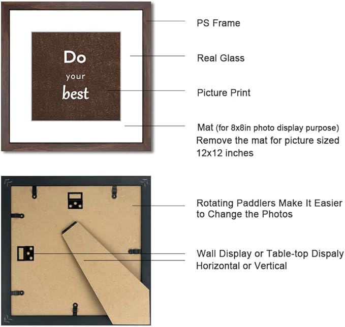 12x12 Walnut Picture Frame Set of 3 for Pictures 8x8 with Mat or 12x12 Without Mat,Wall or Tabletop Gallery Photo Frames with Real Glass
