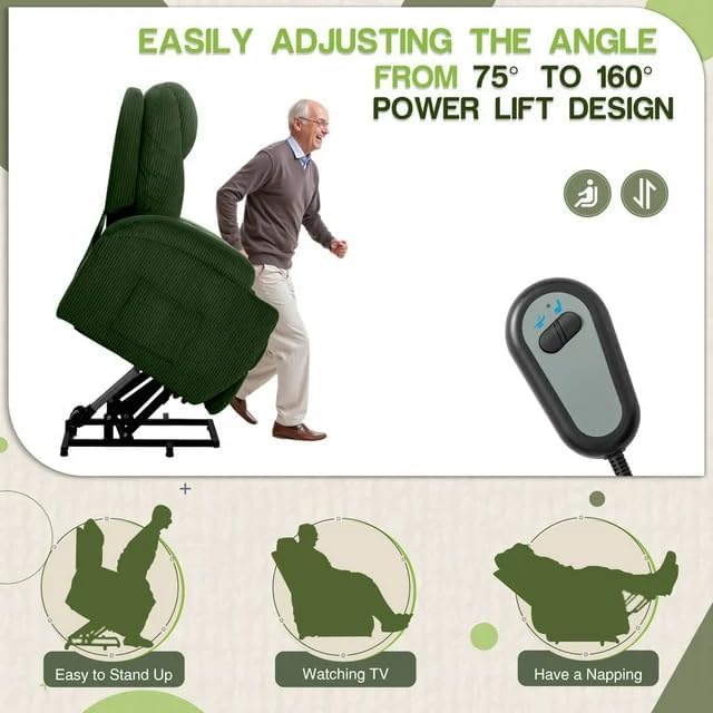 Electric Power Lift Recliner Chair with Massage for Elderly Corduroy Fabric Recliner Single Sofa with Cup Holders, Side Pockets and Remote Control for Living Room Bedroom (Green)