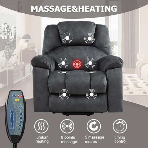Phoenix Home Large Power Lift Recliner with Massage and Heat for Elderly, Electric Chair with USB Port, 2 Hidden Cup Holders, Dark Grey
