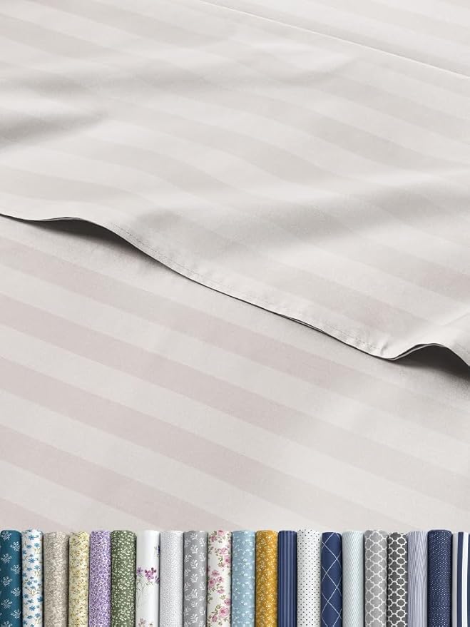 Grey Striped Sheets - 1 Flat & 1 Fitted Sheet & 2 Pillowcases w/ Deep Pockets - Comfy, Cozy, Wrinkle & Fade Resistant - Ultra-Soft, Breathable and Cooling - Luxury Pinstripe Bedding - King Size