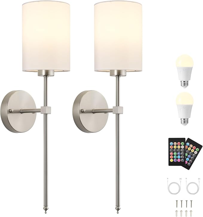 Battery Operated Wall Sconces Set of Two,Wireless Rechargeable Wall Light With Remote Control, Dimmable, 1800K/3000K/4000K/6000K/RGB, Timer, for Living Room, Bedroom, Fireplace, TV, 23.6 Inch, Nickel