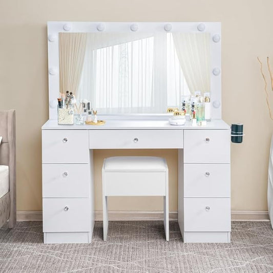 Natural Beauty Luxury Makeup Desk with Mirror, 11 Lights, Adjustable Brightness & 3 Lighting Modes, 7 Soft-Close Drawers, Crystal Knobs, USB & Power Outlets, Makeup Station (Stool Included)