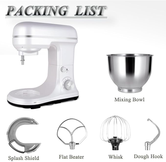 Stand Mixer 5-QT, 6+P Speed Tilt-Head Food Mixer 300W Dough Mixer with Stainless Steel Bowl,Dough Hook,Flat Beater&Whisk Electric Kitchen Mixer for Household Baking, Anti-Slip(Pearl White)
