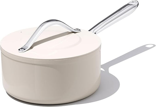 3.5qt Nonstick Ceramic Sauce Pan with Lid (8.19") Even Heat Distribution, Non Toxic & PFAS Free Healthy Cooking Pot for All Stovetops (Induction/Gas/Electric), Oven Safe 500°F, Cream