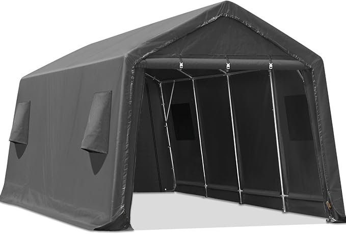ADVANCE OUTDOOR Heavy Duty 10x20 ft Carport Outdoor Patio Portable Canopy Storage Shelter Shed with 2 Roll up Zipper Doors & Vents for Snowmobile Garden Tools, Gray