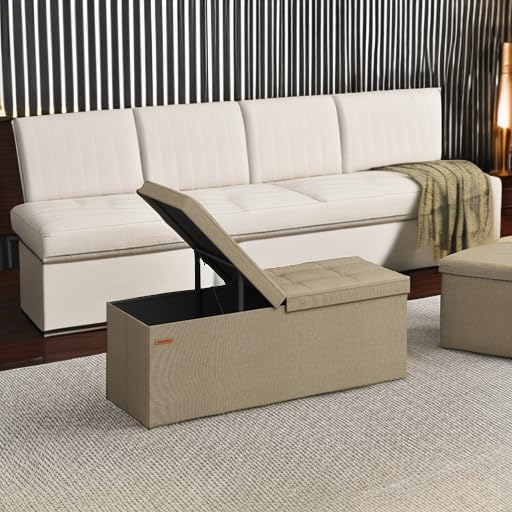 SONGMICS Mazie Collection - 43 Inches Storage Ottoman, Foldable Storage Bench with Flipping Lid, 660 lb Load Capacity, for Entryway, Living Room, Bedroom, Camel Brown ULSF076K01